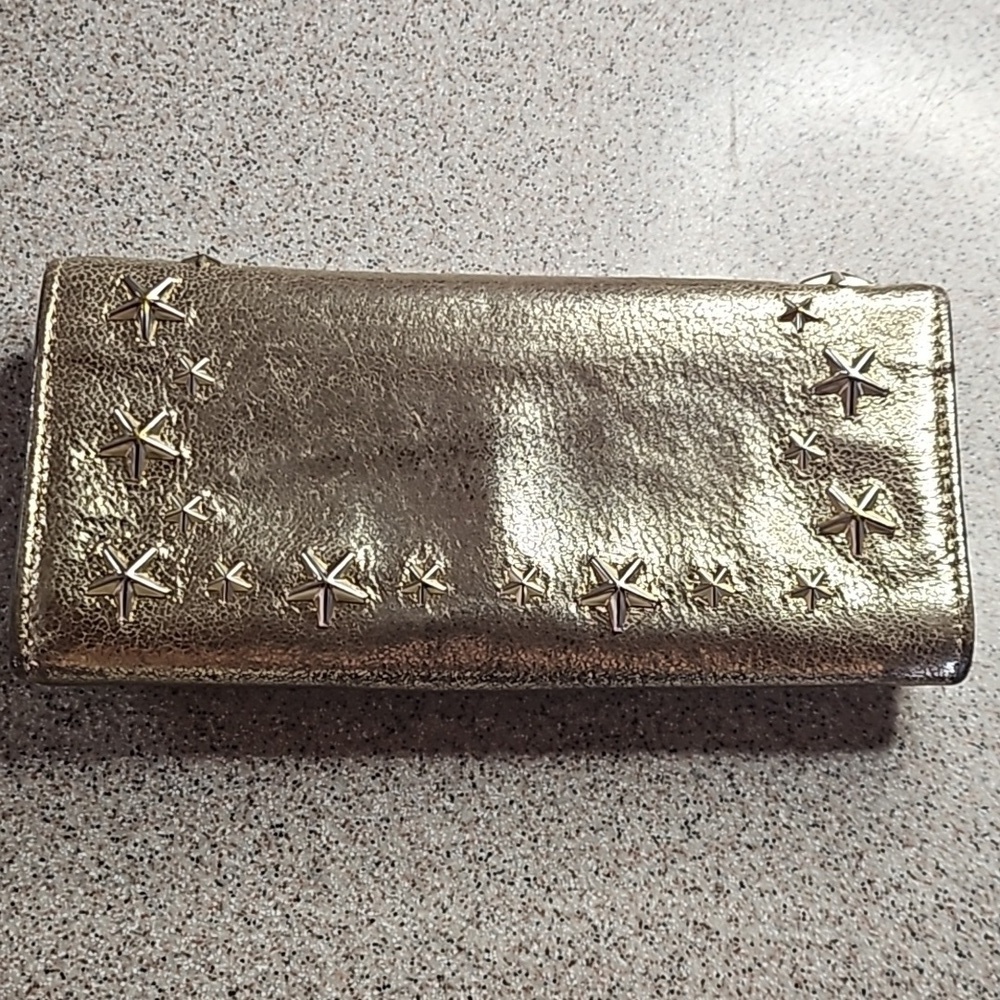 Jimmy Choo Metallic Bronza Gold Silver Star Stud Long Snap Front Flap Wallet - Picture 2 of 11